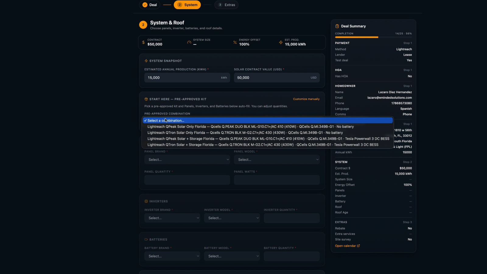 La lista ya viene filtrada por la financiera que elegiste en el paso 1: solo te muestra combinaciones válidas, con panel, inverter y si lleva batería o no.