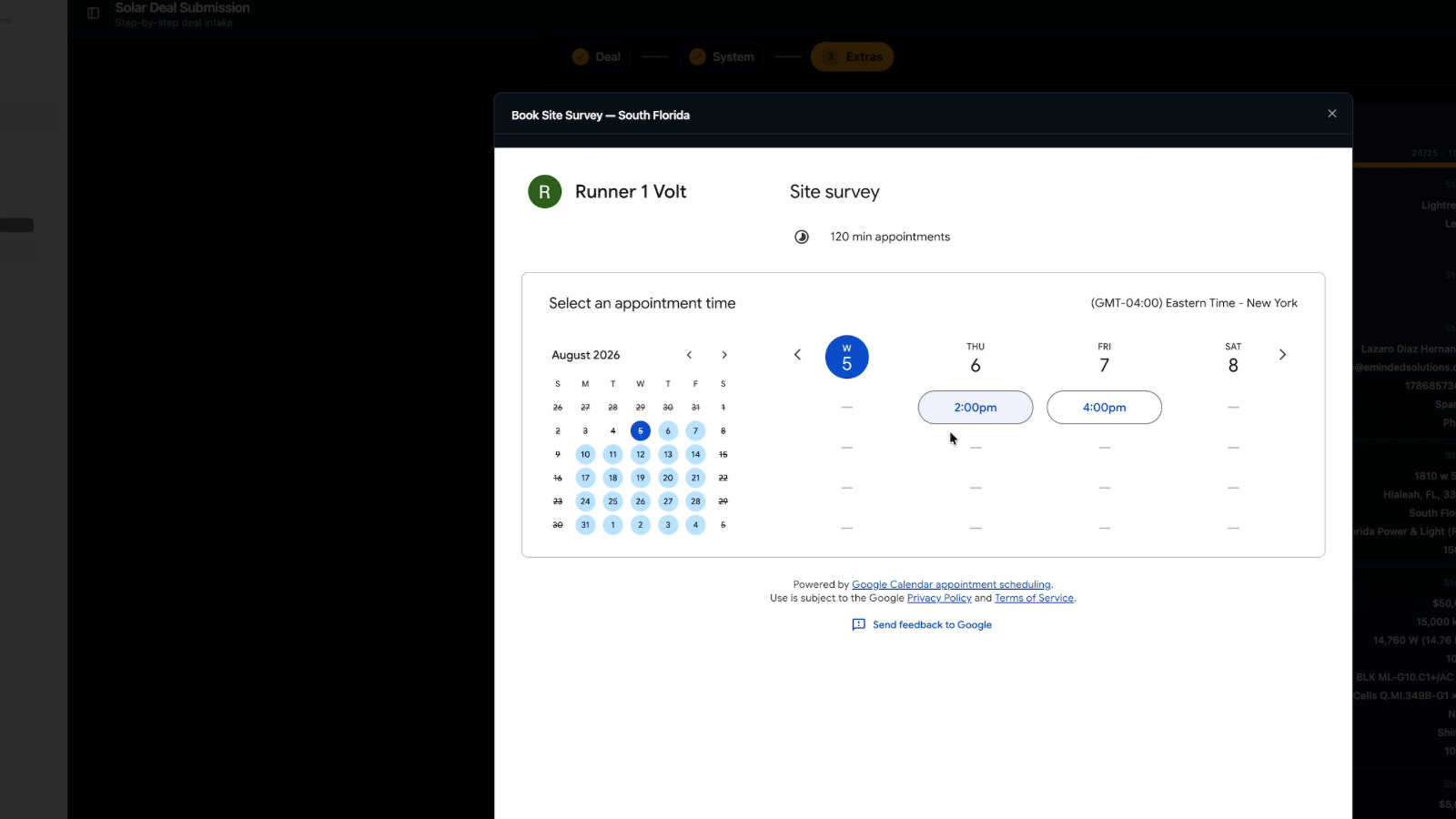 El modal es el calendario del branch que salió de la dirección. Citas de 120 minutos, en Eastern Time. Los días tachados no tienen disponibilidad.